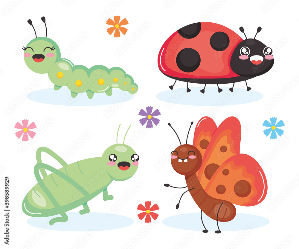 Naklejka premium cartoon cute insects and flowers around, colorful design