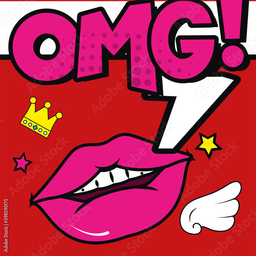 pop art mouth with omg explosion bubble vector design