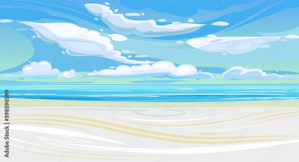 Sea coastal landscape. Flat style illustration. Sandy beach in the ocean, summer sky and distant horizon. Vector Sea coastal landscape. Flat style illustration. Sandy beach in the ocean, summer sky and distant horizon. Vector