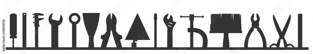 Construction tools. Logo, label. Bottom frame. For work as a painter, carpenter, builder, handyman. Repair and construction services. Sale of tools. Monochrome silhouette. Construction tools. Logo, label. Bottom frame. For work as a painter, carpenter, builder, handyman. Repair and construction services. Sale of tools. Monochrome silhouette.