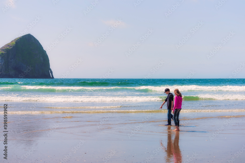 Brother and Sister look for sealife on beach Brother and Sister look for sealife on beach