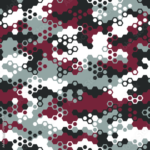 Hexagonal camouflage seamless pattern. Abstract modern geometric military endless background texture for fabric and fashion print. Vector illustration.