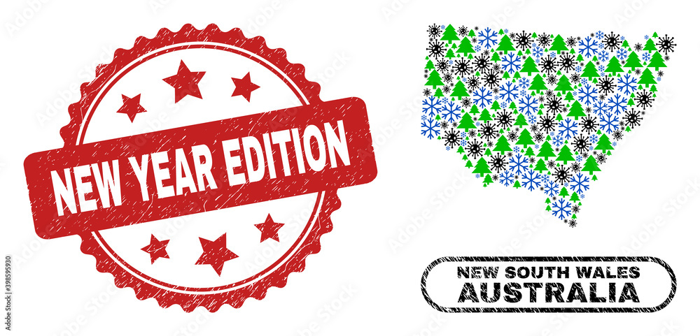 Εκτύπωση καμβά Vector coronavirus winter collage New South Wales map and New Year Edition scratched stamp seal
