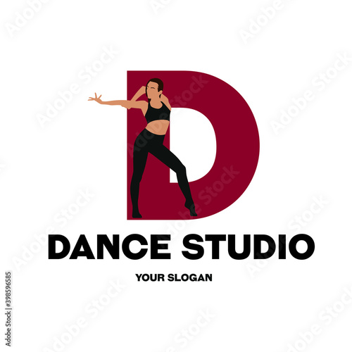 Logo for a dance studio in the form of a dancing girl on the background of the letter D. Vector logo for a dance studio