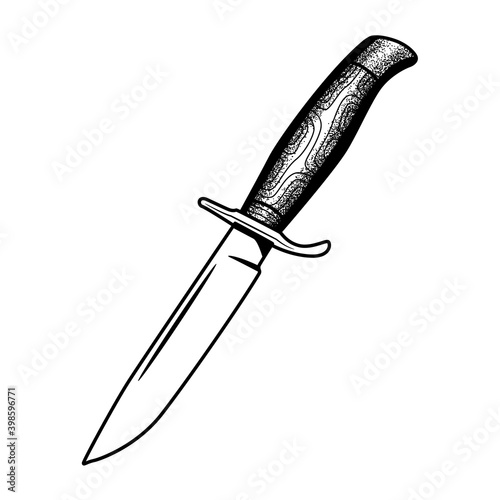 Knife with wooden handle in dotwork style isolated on white background
