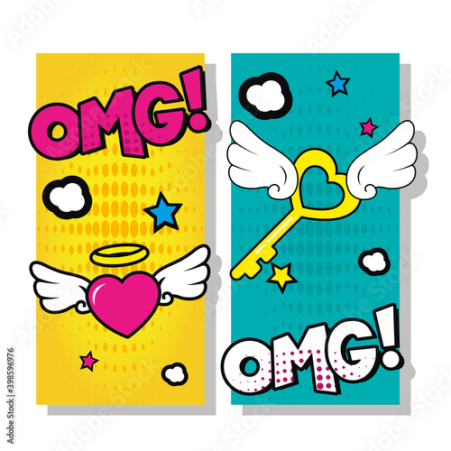 pop art heart and key with wings and omg vector design