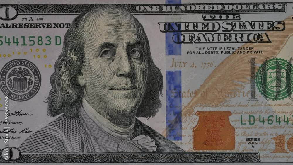 Portrait Of Ben Franklin expressing different emotions to camera. One hundred dollar.
Animation of close-up of US one hundred dollar bill. 