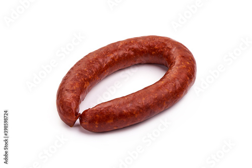 Smoked sausage ring, isolated on white background