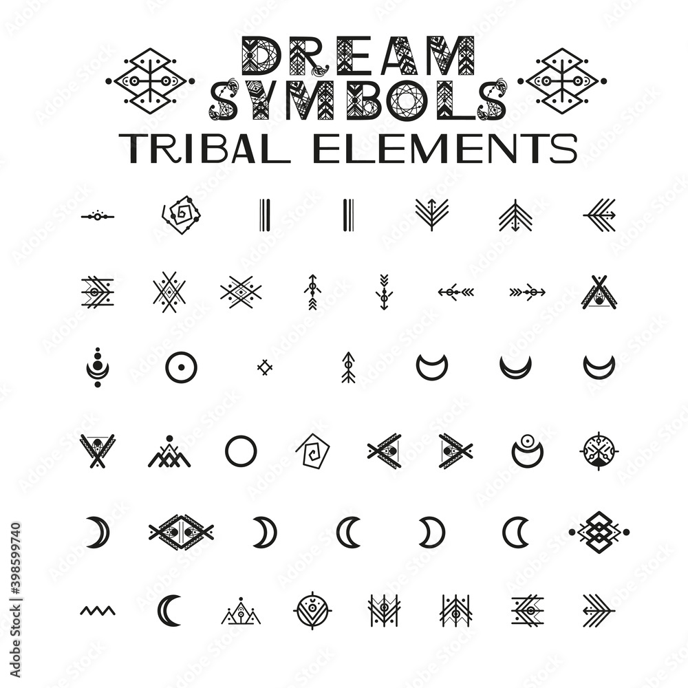 Fototapeta premium Tribal Alphabet and ornaments. Letters and symbols in geometric ethnic style. Aztec and native americans fabric style. Vector illustration