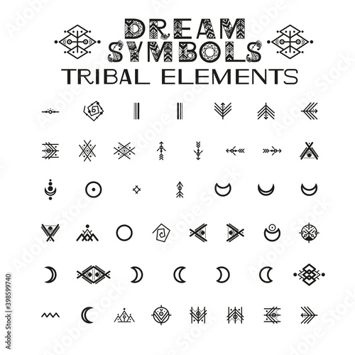 Tribal Alphabet and ornaments. Letters and symbols in geometric ethnic style. Aztec and native americans fabric style. Vector illustration