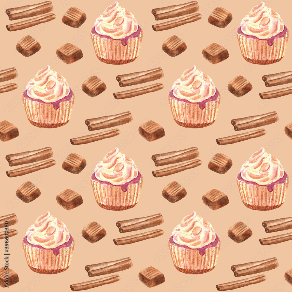Seamless pattern with cupcakes, cinnamon sticks and toffees on light caramel isolated background. Watercolor hand-drawn elements. Sweet design for cafes and parties decor. Seamless pattern with cupcakes, cinnamon sticks and toffees on light caramel isolated background. Watercolor hand-drawn elements. Sweet design for cafes and parties decor.