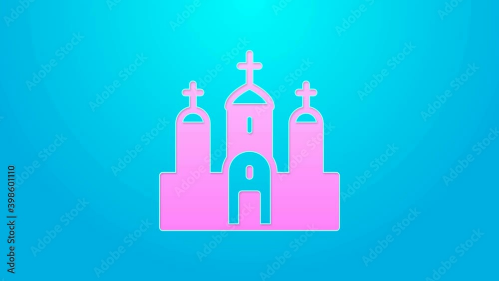 Pink line Church building icon isolated on blue background. Christian Church. Religion of church. 4K Video motion graphic animation Pink line Church building icon isolated on blue background. Christian Church. Religion of church. 4K Video motion graphic animation