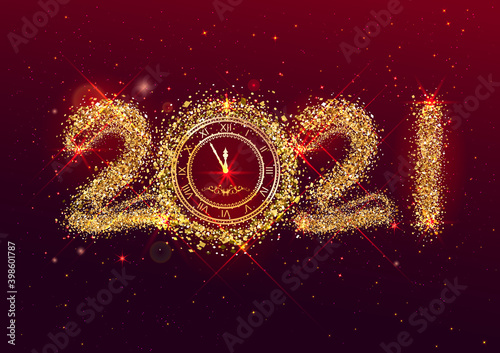 Happy new 2021 year greeting card template. Clock shows midnight new year eve in magical starry sky of golden sand