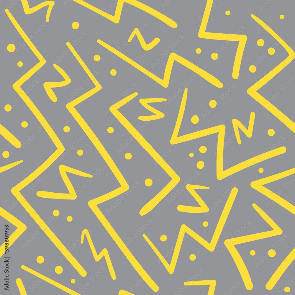 Gray and yellow chaotic zig zag with dots seamless pattern. Abstract fashion trendy colors vector texture with hand drawn zigzag lines for textile, wrapping paper, surface, background Gray and yellow chaotic zig zag with dots seamless pattern. Abstract fashion trendy colors vector texture with hand drawn zigzag lines for textile, wrapping paper, surface, background