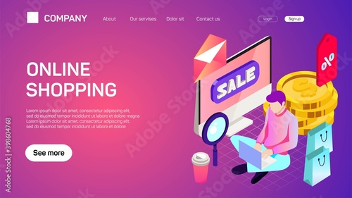 Vector illustration. Web business. E-commerce and money making. Internet banking. Flat header. Internet shopping. Web store. Global communication and trading.