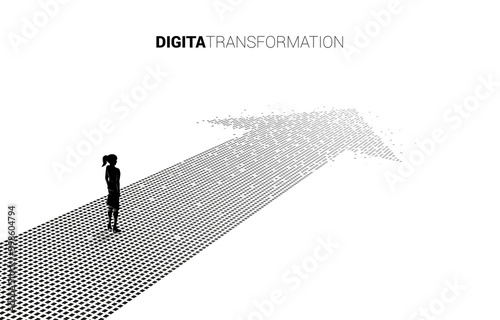 Silhouette of businesswoman standing on the arrow from pixel. concept of digital transformation of business.
