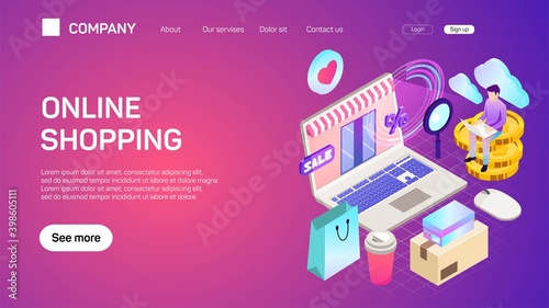 Vector illustration. Web business. E-commerce and money making. Internet banking. Flat header. Internet shopping. Web store. Global communication and trading.