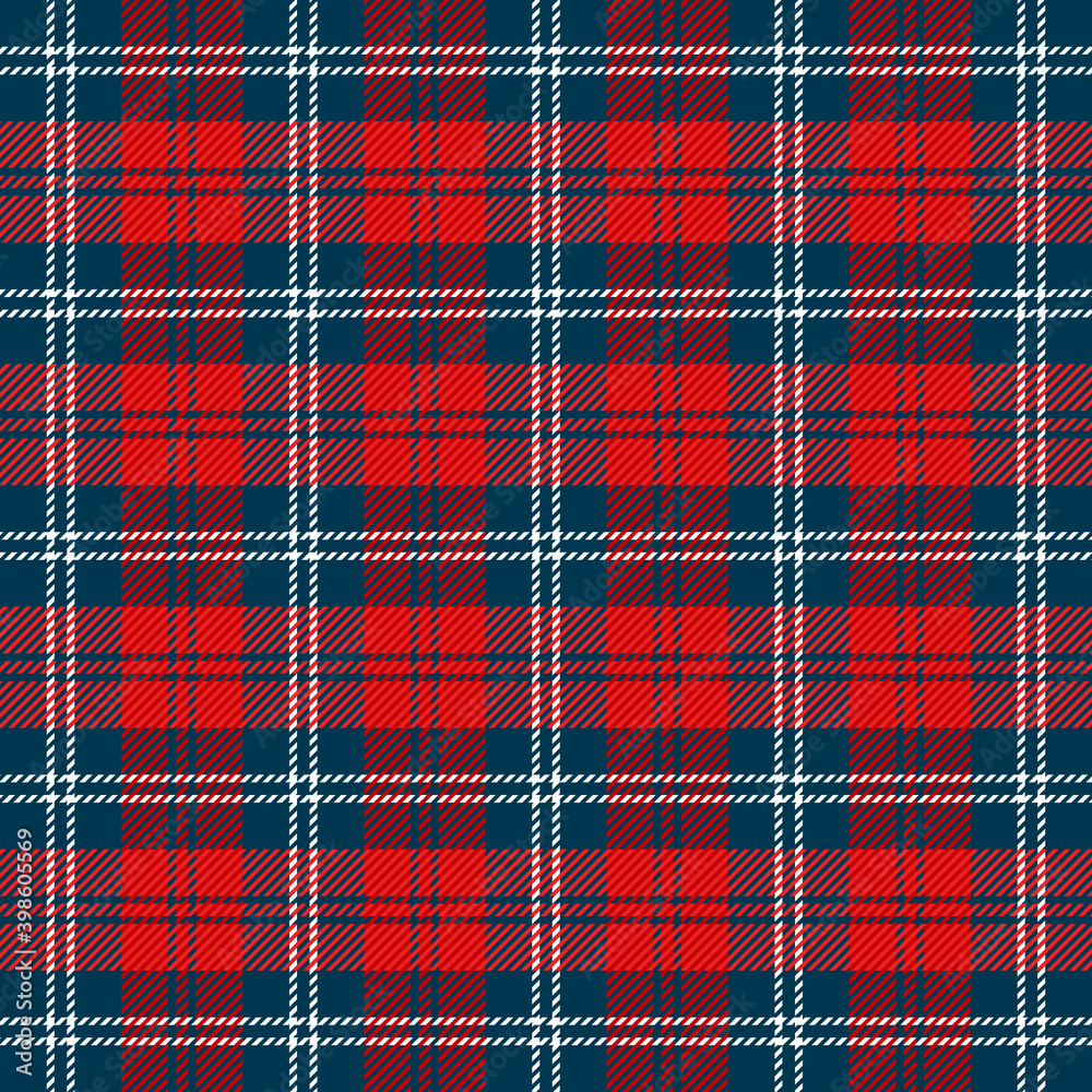 Christmas and new year tartan plaid. Scottish pattern in red, blue and white cage. Scottish cage. Traditional Scottish checkered background. Seamless fabric texture. Vector illustration Christmas and new year tartan plaid. Scottish pattern in red, blue and white cage. Scottish cage. Traditional Scottish checkered background. Seamless fabric texture. Vector illustration