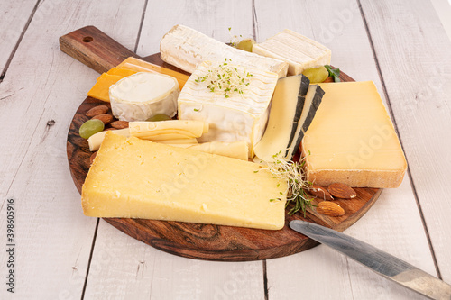 Assorted cheeses on a board