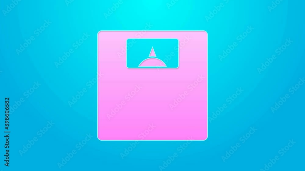 Pink line Bathroom scales icon isolated on blue background. Weight measure Equipment. Weight Scale fitness sport concept. 4K Video motion graphic animation Pink line Bathroom scales icon isolated on blue background. Weight measure Equipment. Weight Scale fitness sport concept. 4K Video motion graphic animation