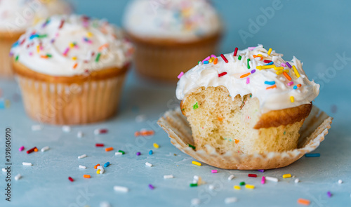 Slika na platnu Close up of a half eaten cupcake with white frosting and sprinkles