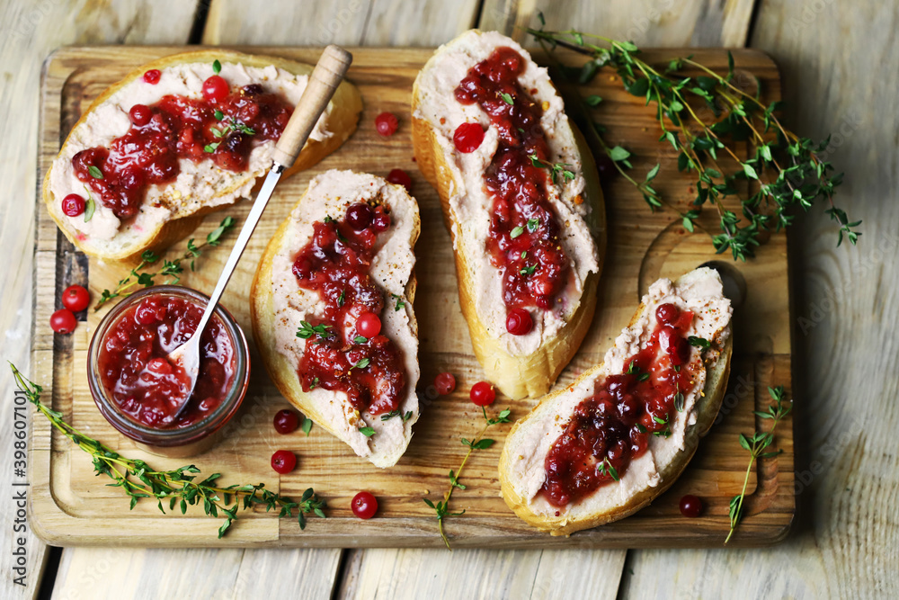 Sandwiches with pate and cranberry sauce. Healthy snack.