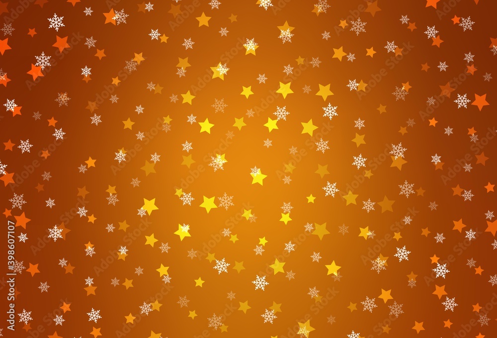 Light Orange vector layout with bright snowflakes, stars. Light Orange vector layout with bright snowflakes, stars.