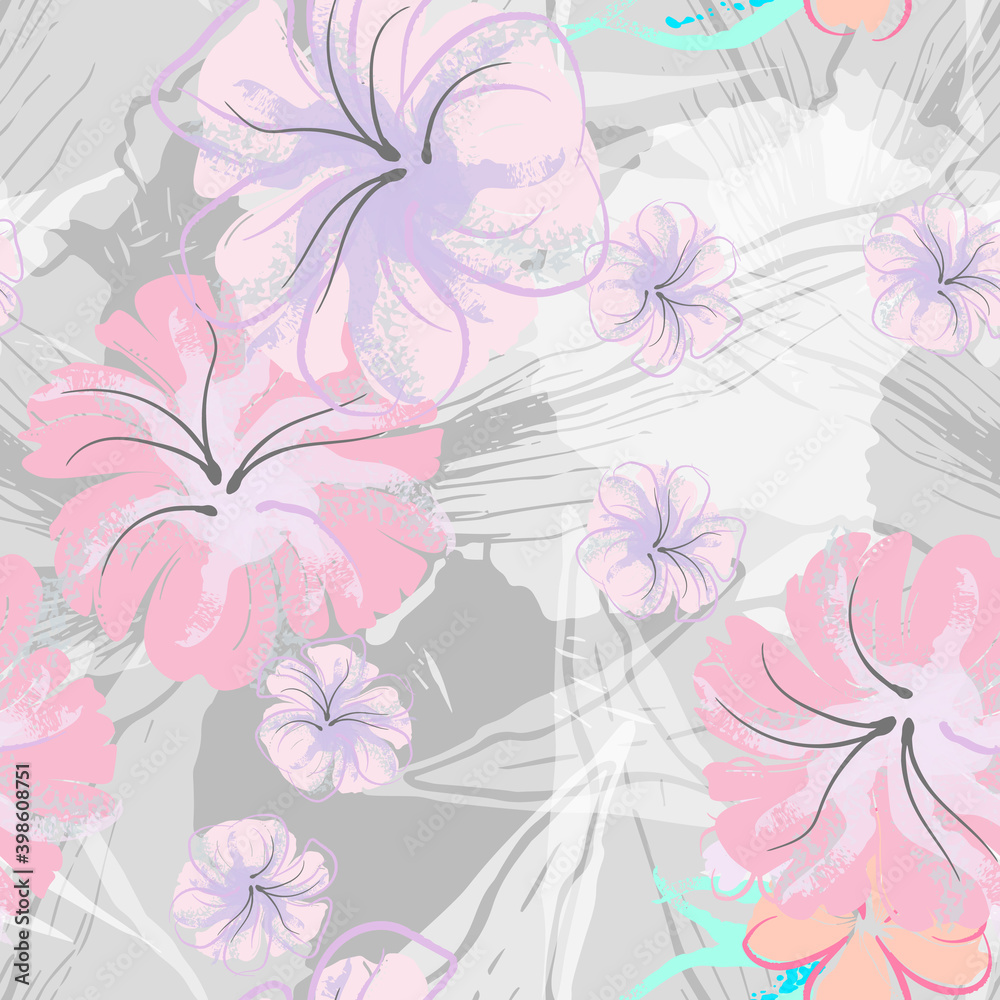 Pink Flowers Blooming Pattern. Pastel Watercolor. Pink Flowers Blooming Pattern. Pastel Watercolor.