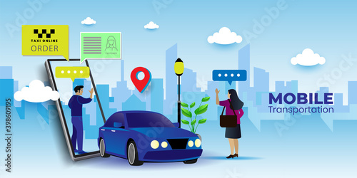 mobile transportation vector illustration concept, Online car with cartoon character and smartphone, can use for, landing page, template