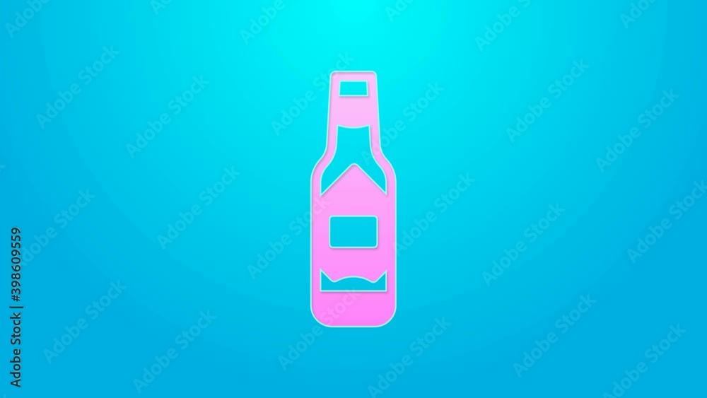 Pink line Tabasco sauce icon isolated on blue background. Chili cayenne spicy pepper sauce. 4K Video motion graphic animation Pink line Tabasco sauce icon isolated on blue background. Chili cayenne spicy pepper sauce. 4K Video motion graphic animation