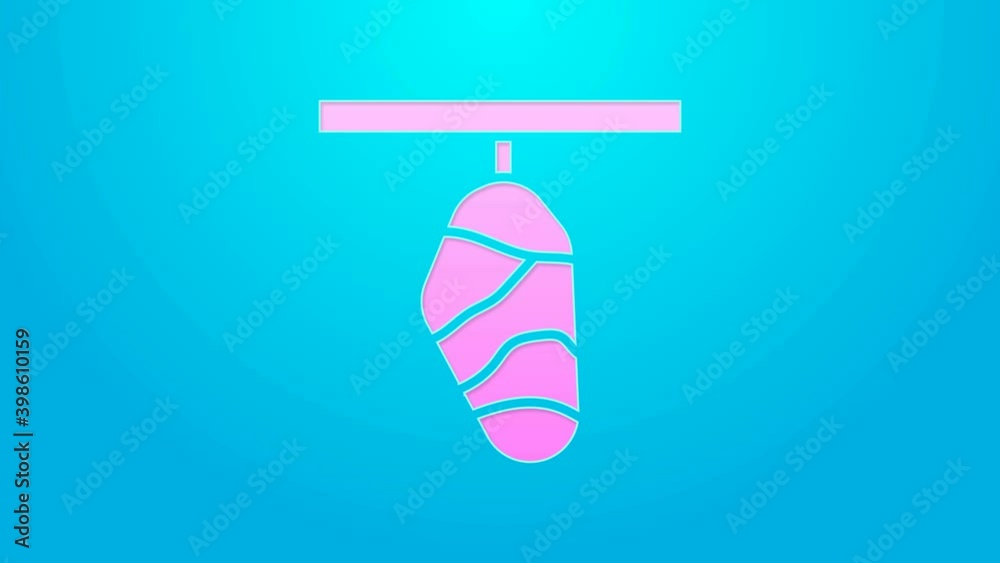 Pink line Butterfly cocoon icon isolated on blue background. Pupa of the butterfly. 4K Video motion graphic animation Pink line Butterfly cocoon icon isolated on blue background. Pupa of the butterfly. 4K Video motion graphic animation
