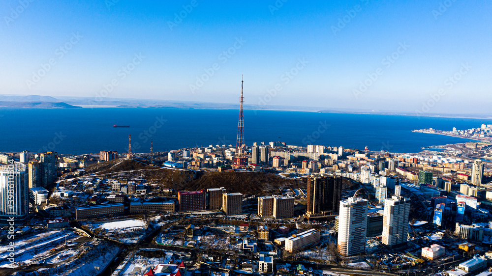 Αυτοκόλλητο Winter view of vladivostok photographed on a drone