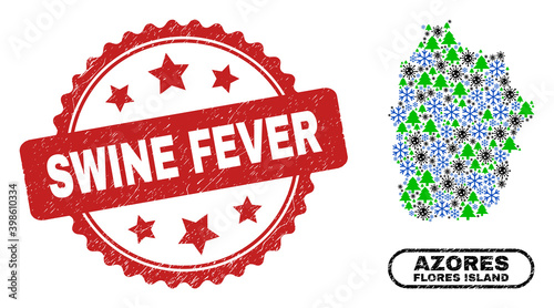 Vector Covid-2019 winter collage Flores Island of Azores map and Swine Fever unclean stamp seal. Swine Fever seal uses rosette shape and red color. photo