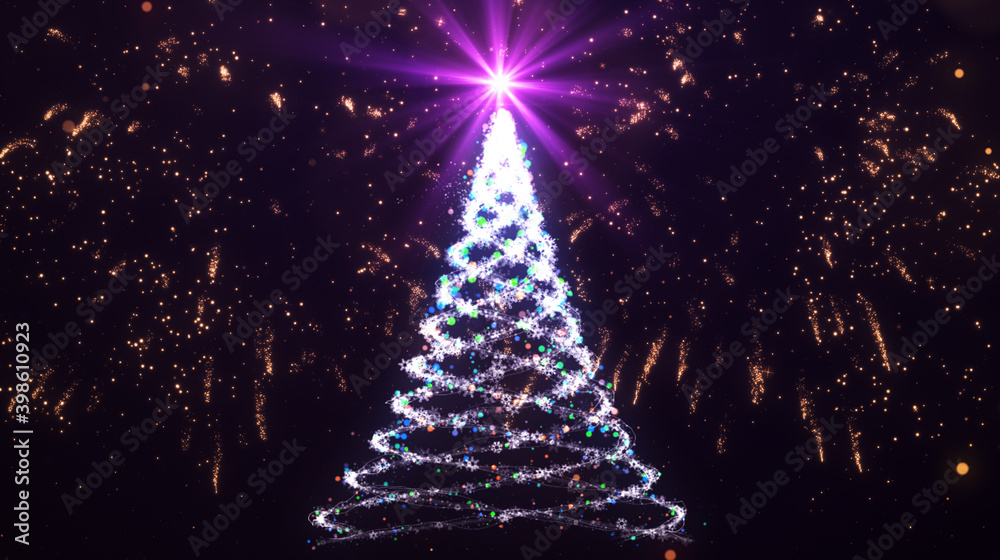 Merry Christmas, Happy Holidays Card - Christmas Tree Shape Made from Bright Spiralling Light on a Dark Background. illustration. Merry Christmas, Happy Holidays Card - Christmas Tree Shape Made from Bright Spiralling Light on a Dark Background. illustration.