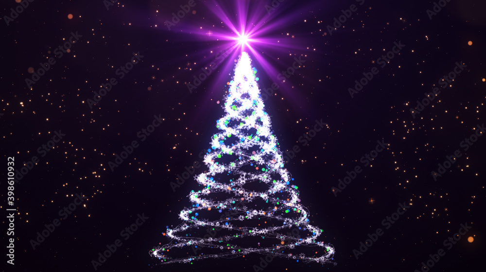 Merry Christmas, Happy Holidays Card - Christmas Tree Shape Made from Bright Spiralling Light on a Dark Background. illustration.