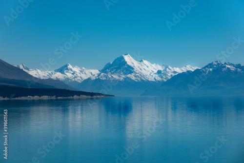 shoreline and view across Lake Pukaki with Mount Cook and Southern Alps in distance.