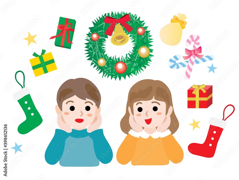 Naklejka premium クリスマスイブにプレゼントを待つ子供たち
