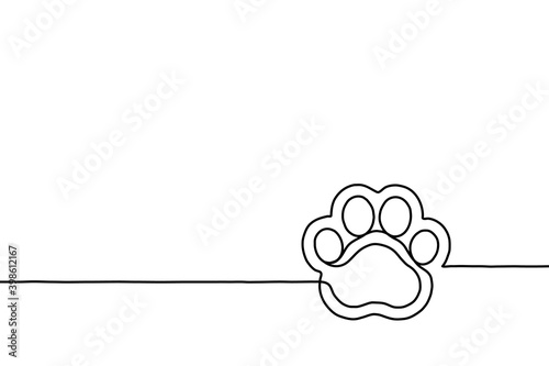 Paw prints. Hand drawn background footprint pet, dog or cat. continuous line. Drawing single outline. Foot puppy. Black silhouette paw. Cute paw print. Design for prints. Trace foot dog, cat. Vector