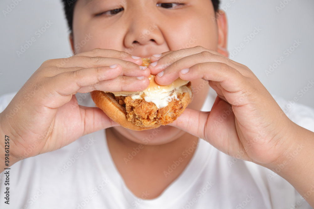 Asian fat boy eats hamburger Wear a white shirt. Concepts of child health problems Pathogenic food Asian fat boy eats hamburger Wear a white shirt. Concepts of child health problems Pathogenic food