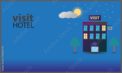 vector illustration of the hotel is blue at night, the stars and moon are shining on it