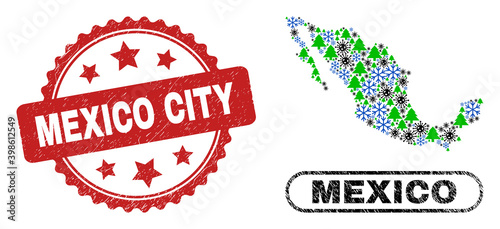 Vector Covid winter collage Mexico map and Mexico City scratched seal. Mexico City seal uses rosette shape and red color. Collage Mexico map is formed with randomized covid- 2019 virus, snow,