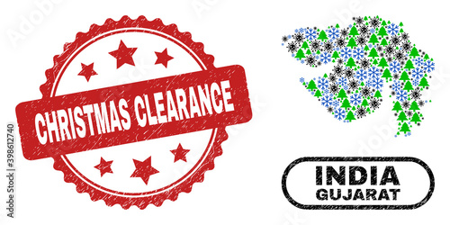 Vector coronavirus New Year mosaic Gujarat State map and Christmas Clearance rubber seal. Christmas Clearance stamp seal uses rosette shape and red color.