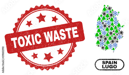 Vector Covid-2019 New Year collage Lugo Province map and Toxic Waste grunge stamp seal. Toxic Waste stamp seal uses rosette shape and red color. Collage Lugo Province map is done of random SARS virus,