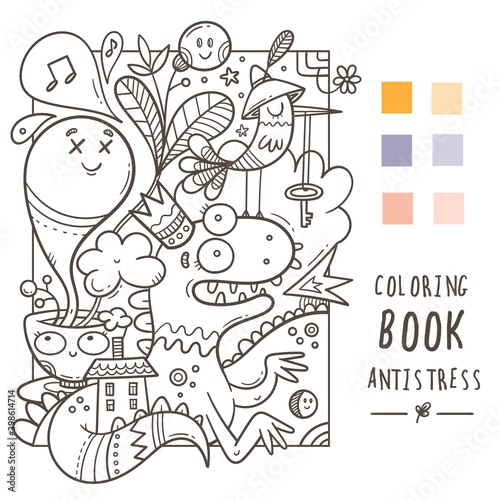 Coloring book antistress with funny cute cartoon creatures. Doodle print with dragon, monster and bird. Line art poster.