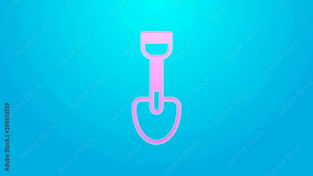 Pink line Shovel toy icon isolated on blue background. 4K Video motion graphic animation Pink line Shovel toy icon isolated on blue background. 4K Video motion graphic animation