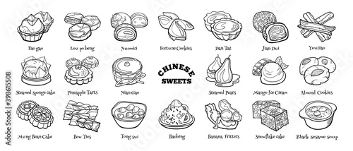 Collection of traditional chinese desserts. Hand drawn sketch in doodle style.