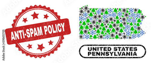 Vector pandemic New Year collage Pennsylvania State map and Anti-Spam Policy rubber stamp print. Anti-Spam Policy imprint uses rosette shape and red color.