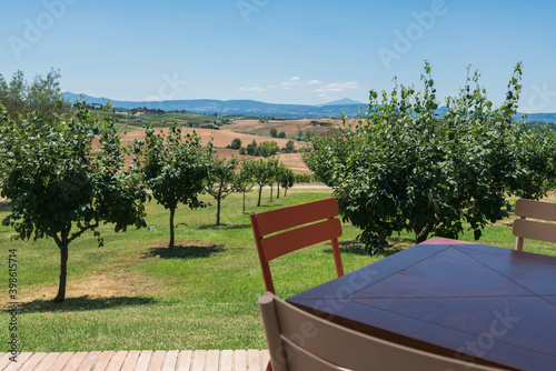 Italian winery outdoor tables and vineyards