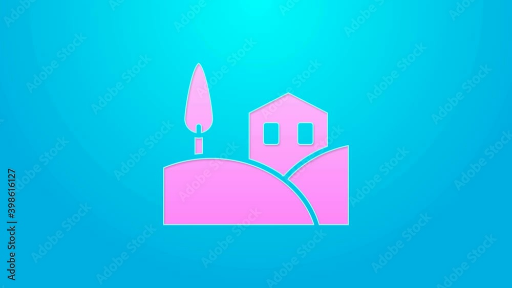 Pink line Village landscape icon isolated on blue background. 4K Video motion graphic animation Pink line Village landscape icon isolated on blue background. 4K Video motion graphic animation