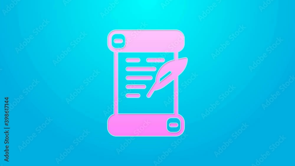 Pink line Decree, paper, parchment, scroll icon icon isolated on blue background. 4K Video motion graphic animation Pink line Decree, paper, parchment, scroll icon icon isolated on blue background. 4K Video motion graphic animation